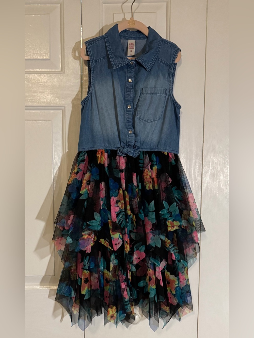 Justice Denim Bodice Floral Tulle Dress - Blue/Black/Pink/Teal/Yellow